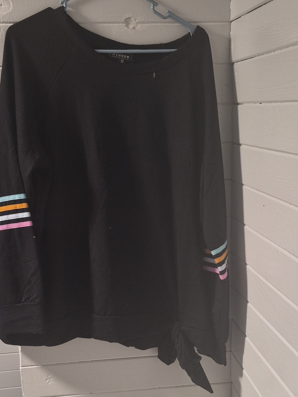 btween Black Crewneck Sweater with Pastel Stripe Sleeves and Side Tie
